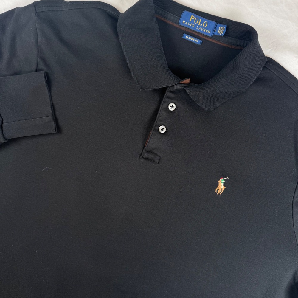 Polo Ralph Lauren Polo Shirt Men Large Black Long Sleeve Classic Fit Cotton